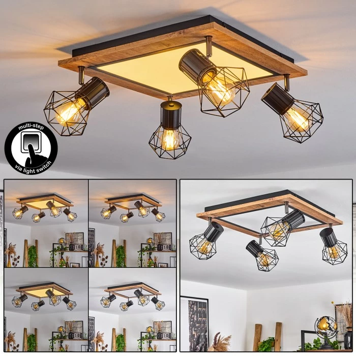 Hofstein Bardhaman Deckenleuchte LED Chrom, Schwarz, Braun, Holzoptik, 5-flammig 1 Hofstein Bardhaman Deckenleuchte LED Chrom, Schwarz, Braun, Holzoptik, 5-flammig